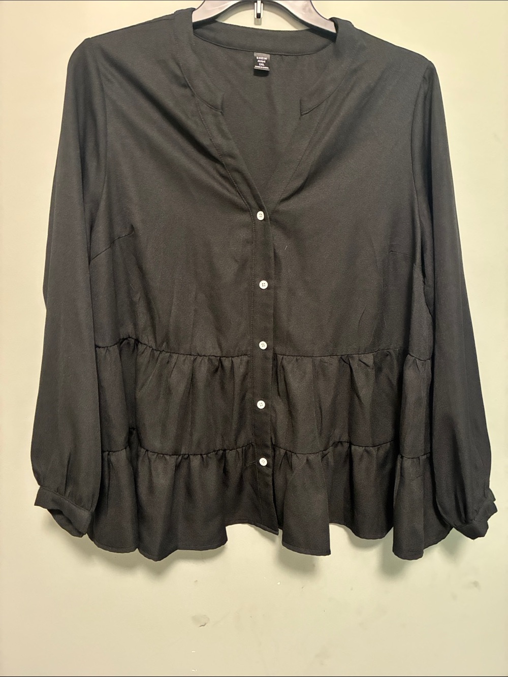 SHEIN Black Tiered Button-Front Tunic Blouse